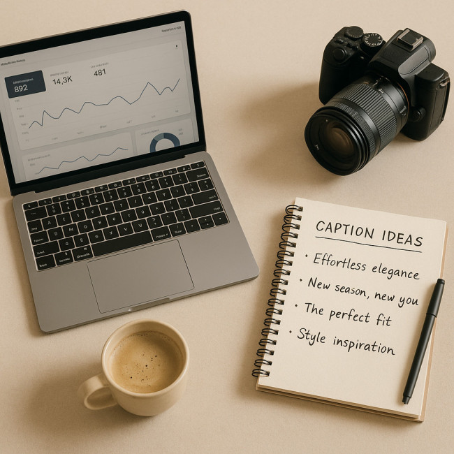 flat lay of creative workspace for writing SEO captions