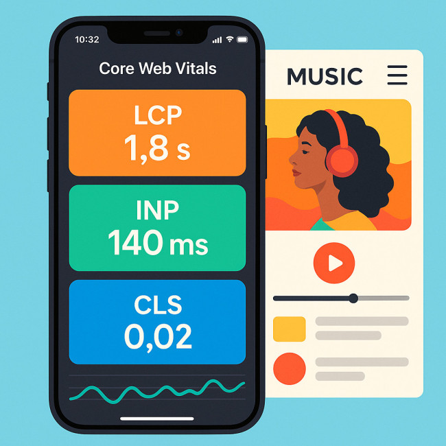 Smartphone dashboard showing Core Web Vitals for music site