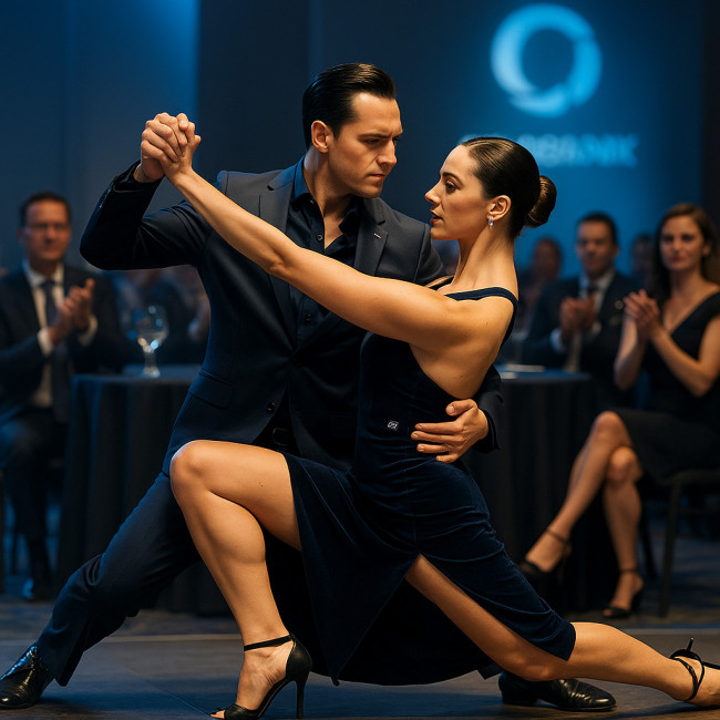 A refined tango duo performing for executives at a corporate gala