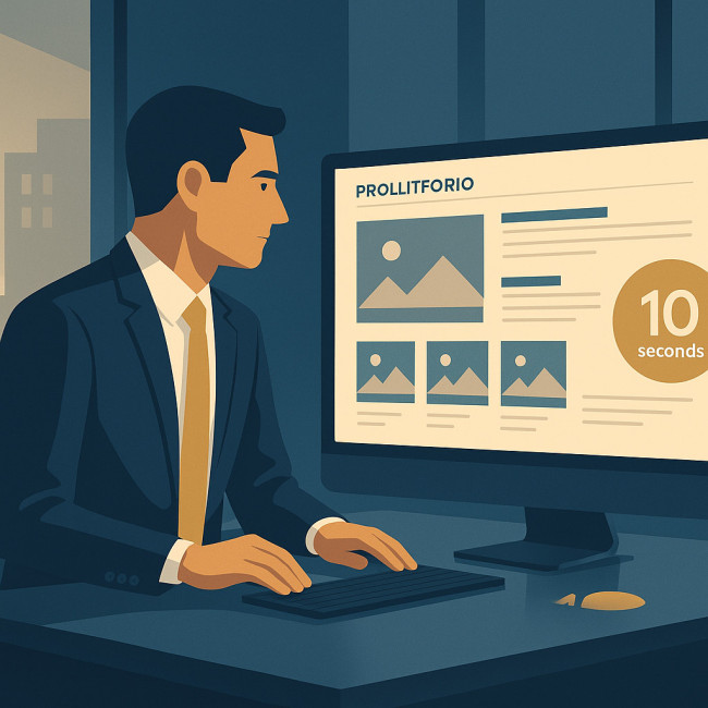 Flat vector illustration of a corporate buyer scanning a digital portfolio within seconds