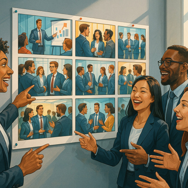 Illustrated corporate event storyboard on office wall