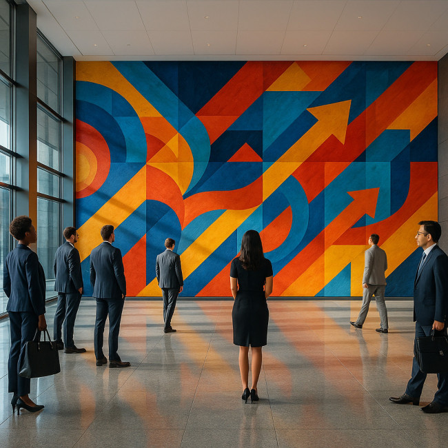 Corporate lobby with abstract mural