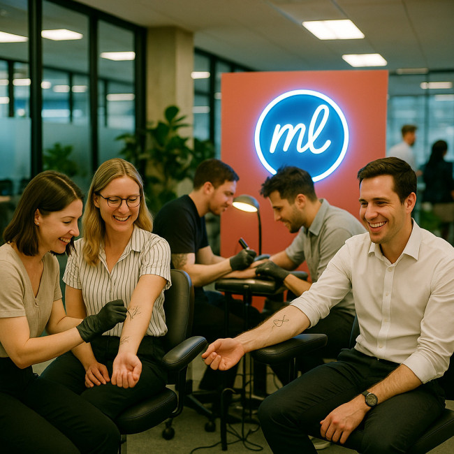 Employees getting minimalist tattoos at a corporate pop-up studio