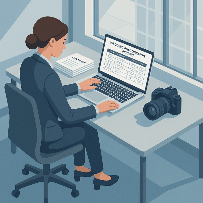 corporate event planner analyzing wedding photo package costs
