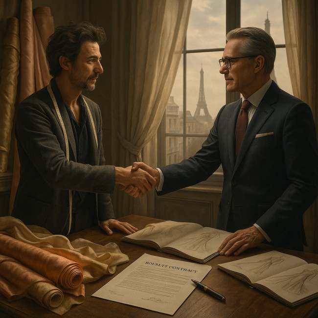 Designer and brand executive finalising royalty contract