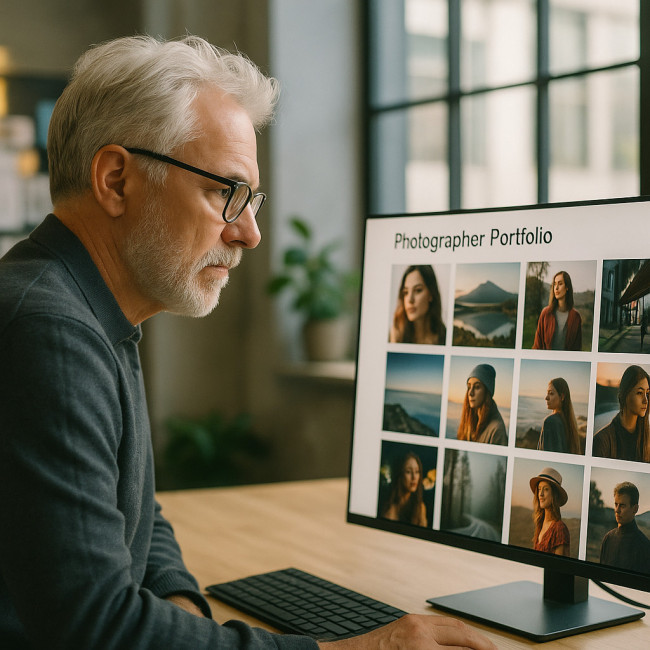 Creative director studying an online photographer portfolio