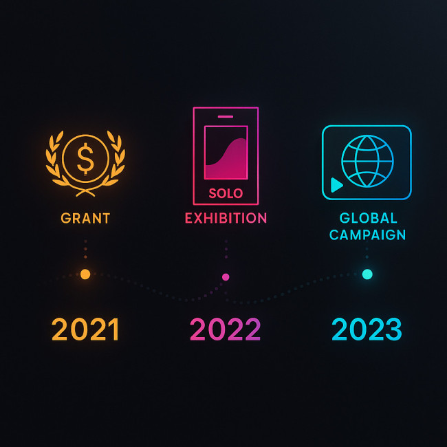 Animated timeline of creative growth milestones