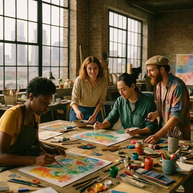 International artists share a sunlit loft studio during a residency