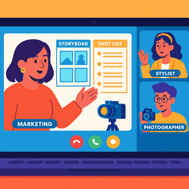 marketing team and photographer on video call discussing brief
