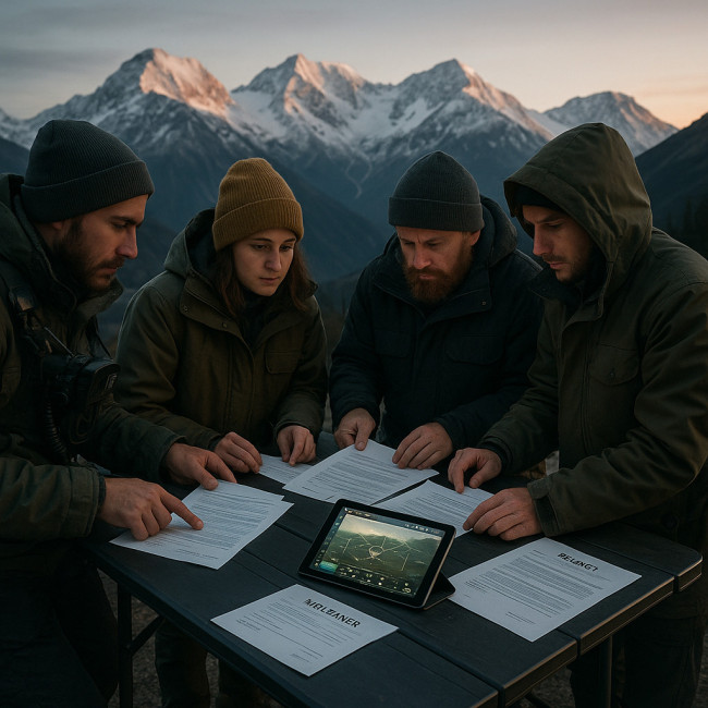 crew checking drone permits at mountain site