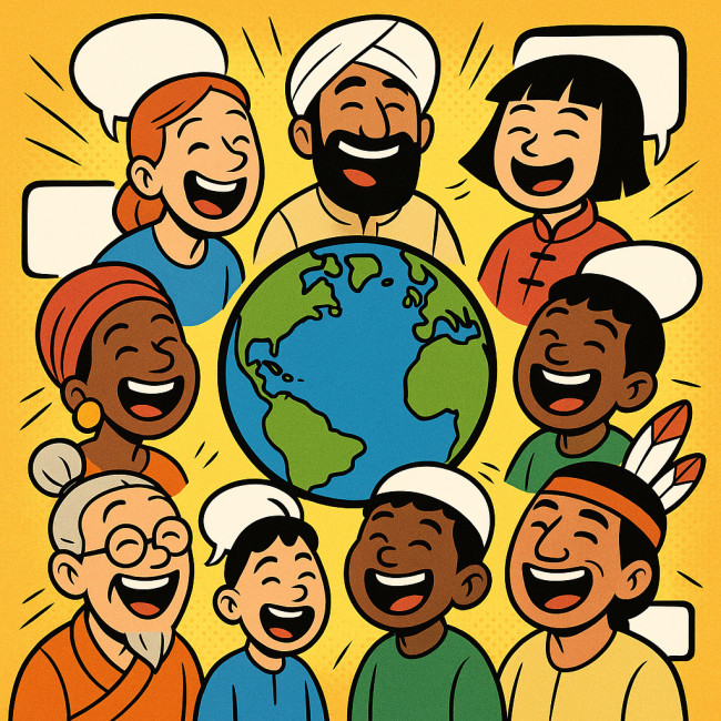 Cartoon globe with multicultural characters laughing