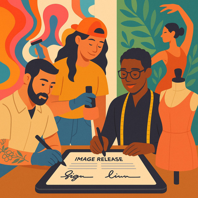 Creators signing digital image-release contracts.