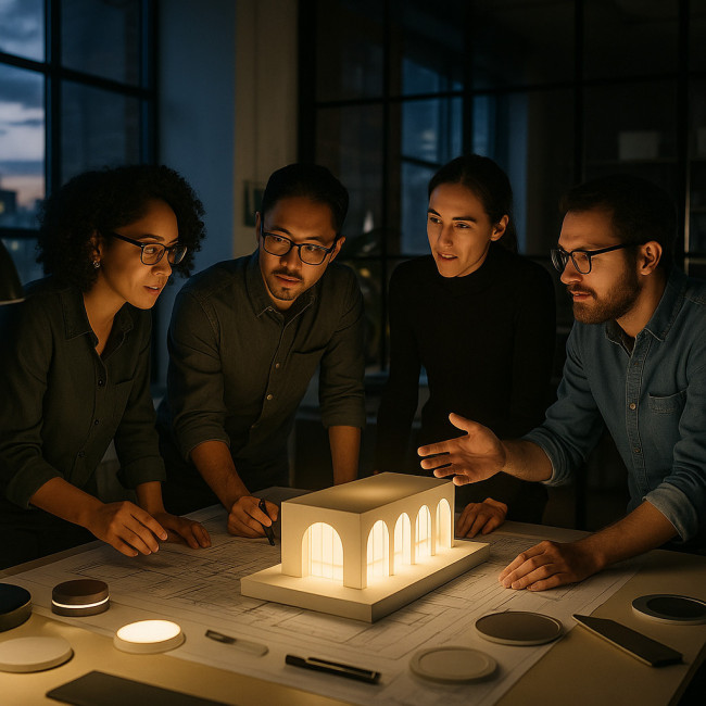 Architects and lighting designers collaborating over blueprints