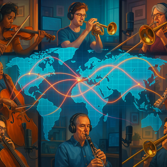 Illustration of remote musicians connected in a digital orchestra