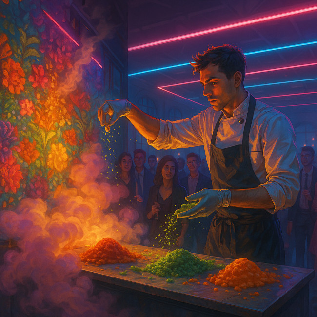 futuristic culinary artist directing immersive food installation