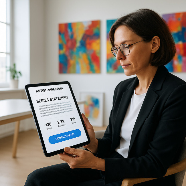 Art curator reading an optimized directory bio on a tablet