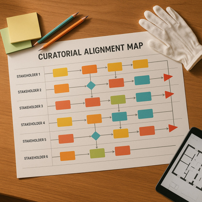 flat lay of a colourful curatorial alignment map on a designer desk