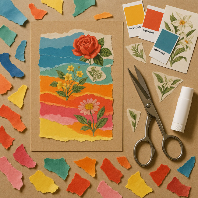 Overhead view of cut-paper collage workspace