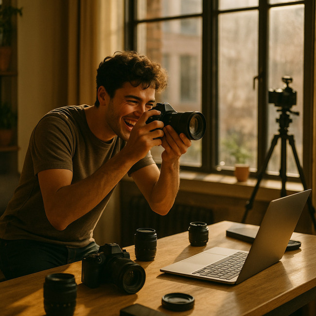 Young photographer practicing daily routines in a sunlit home studio