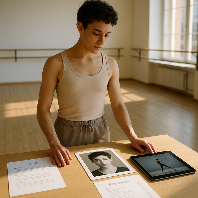 Dancer reviewing audition materials in bright studio
