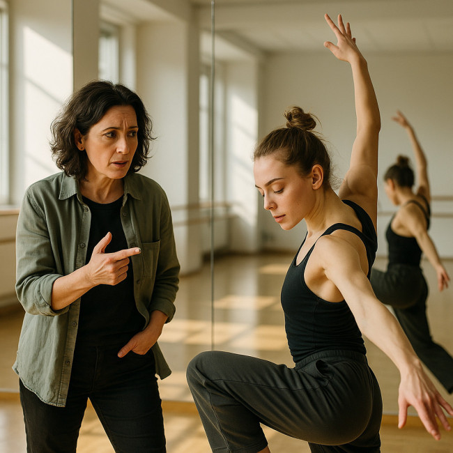 external dance coach correcting dancer posture