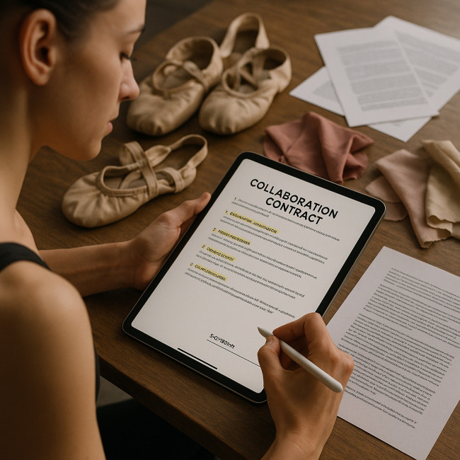 Dancer signing a collaboration contract