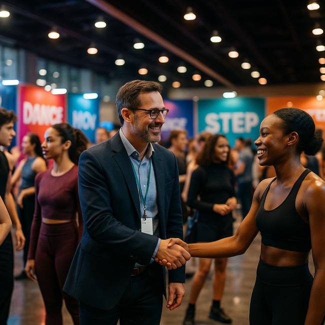 professional dancers networking with talent agents at a convention