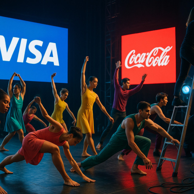 backstage dancers under sponsor logos before show