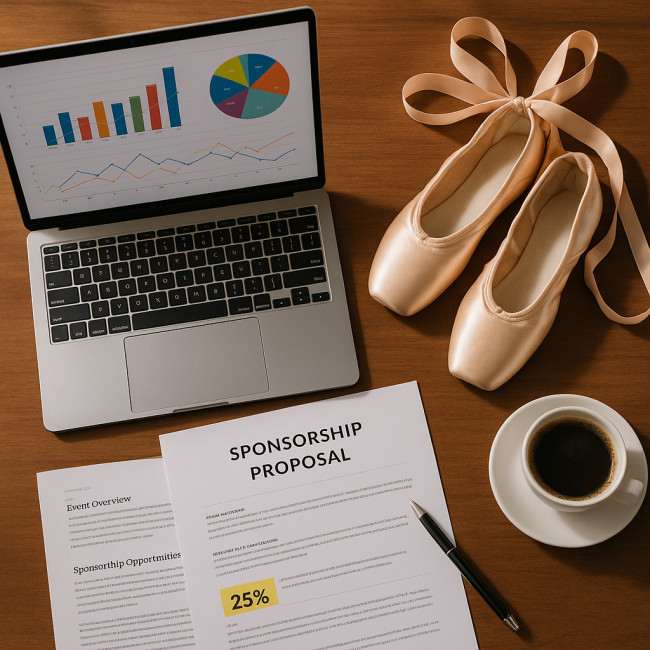 flat lay showing charts, ballet shoes and sponsorship paperwork