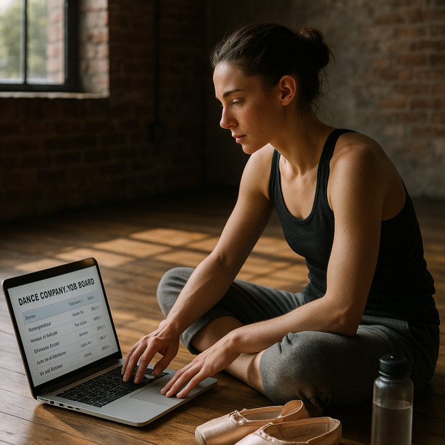Contemporary dancer browsing dance job board on a laptop