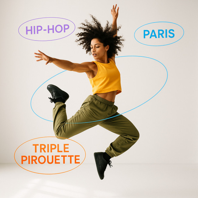 Dynamic dancer leaping with floating keyword icons