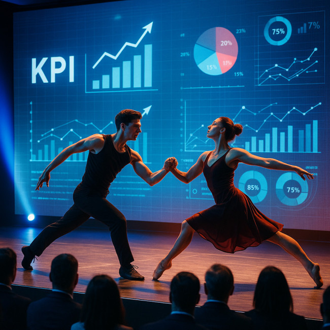 Dancer on corporate stage beside KPI screen