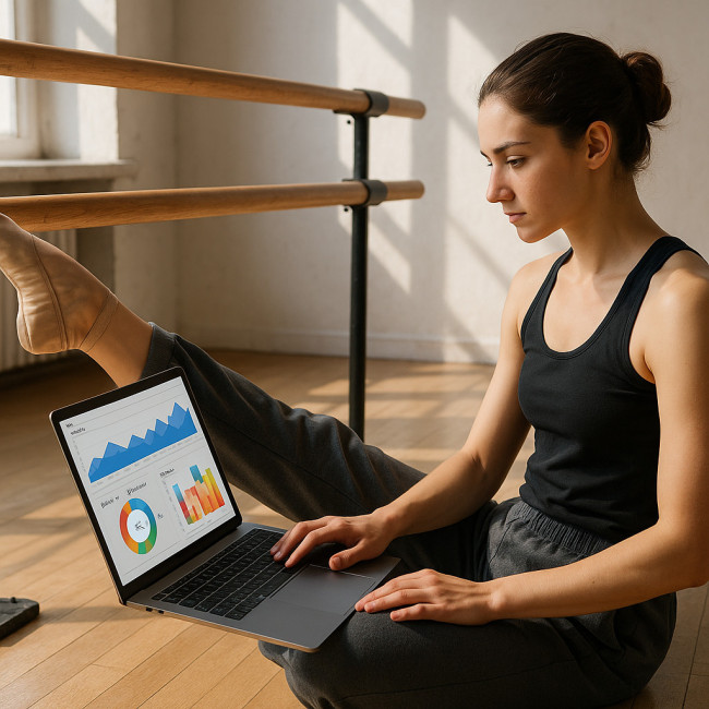 Dancer reviewing web analytics dashboard in studio