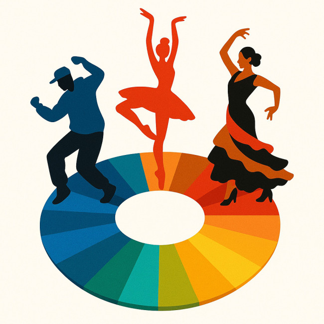 Color wheel with dancer silhouettes illustrating palette psychology
