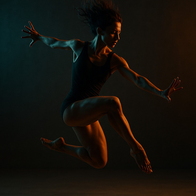 Contemporary dancer mid-air hero pose