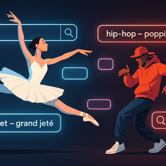 Illustration of ballet and hip-hop dancers with digital style tags