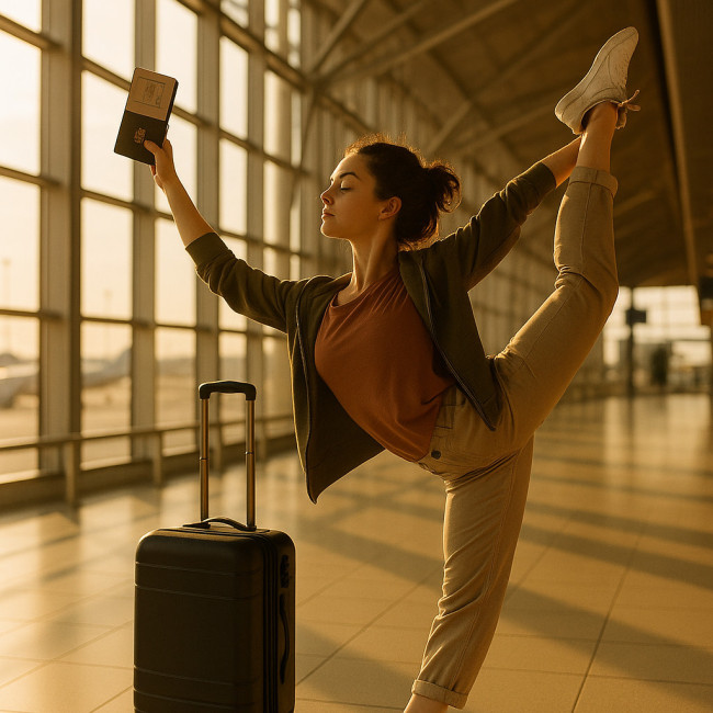 Contemporary dancer reviewing travel visa paperwork at an airport lounge