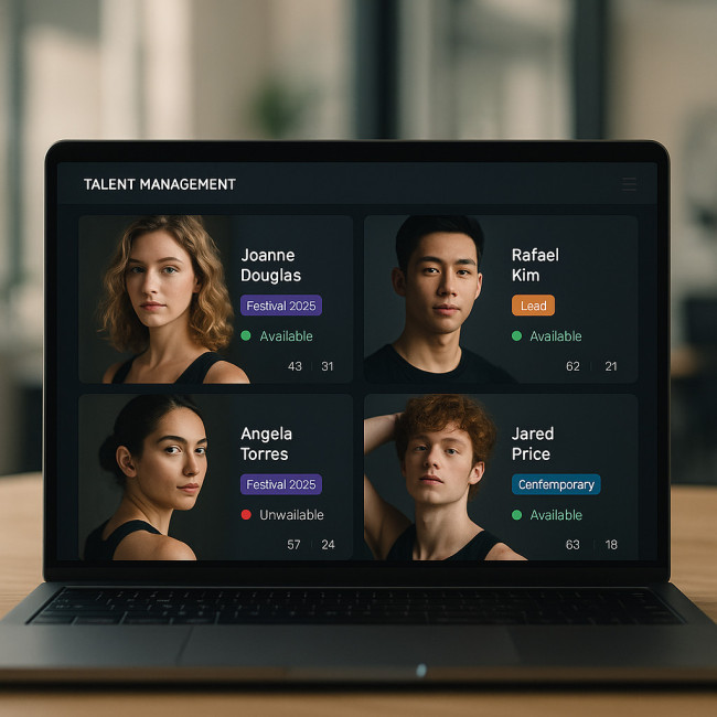 Dashboard showing bookmarked dancer profiles and availability indicators