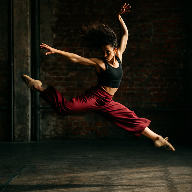 Contemporary dancer leaping on a Berlin stage