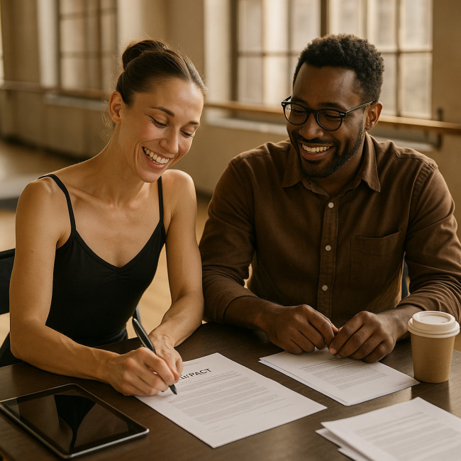 Dancer negotiating contract with producer in studio office