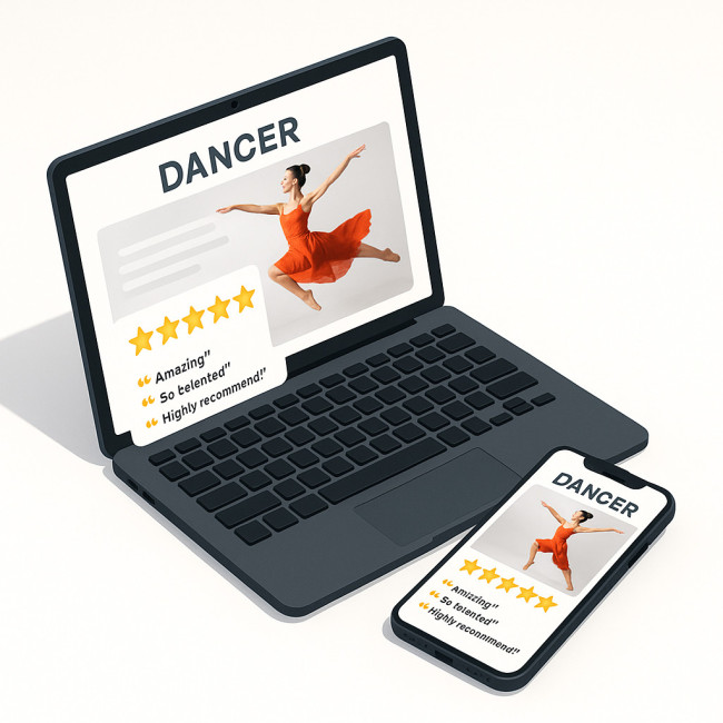 Illustration of dancer directory profile with trust bar and testimonials