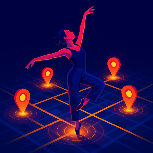 Dancer on urban map with location pins
