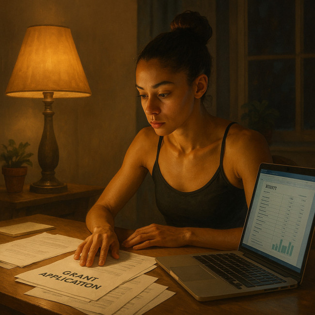 Dancer drafting grant application at laptop
