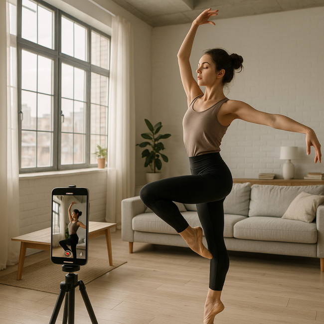 Dancer filming practice with mobile app in living room