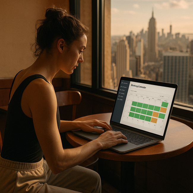 Dancer checking availability calendar on laptop