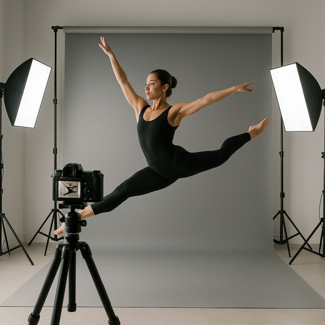 Dancer filming a self-tape in a home studio setup
