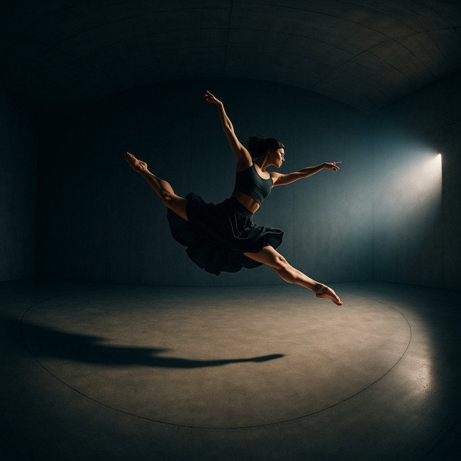 contemporary dancer recorded in 360 VR mid-jump