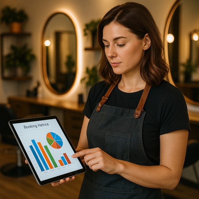 hairdresser analysing digital booking metrics