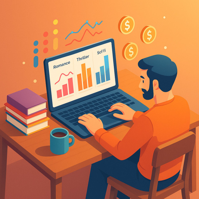 author analysing genre sales data on laptop