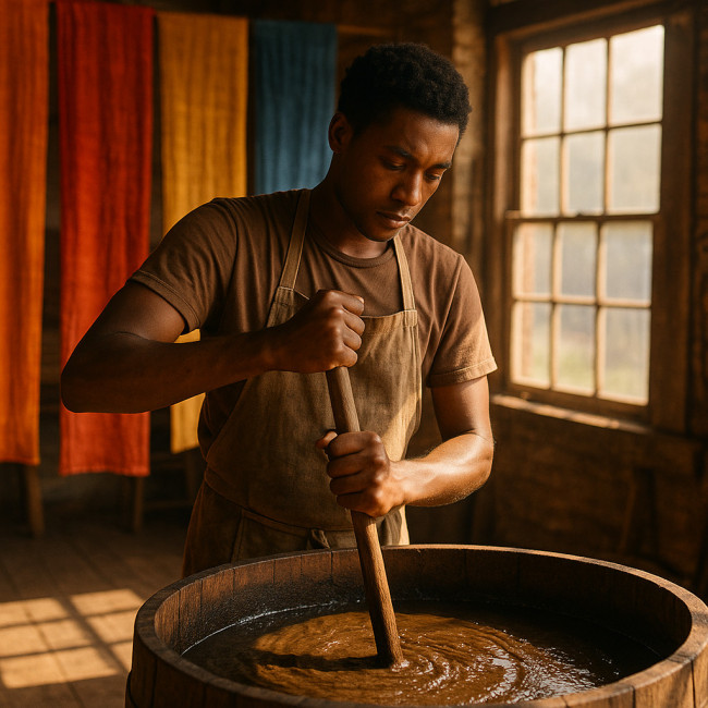 Artisan mixing river silt dye in sunlit delta workshop
